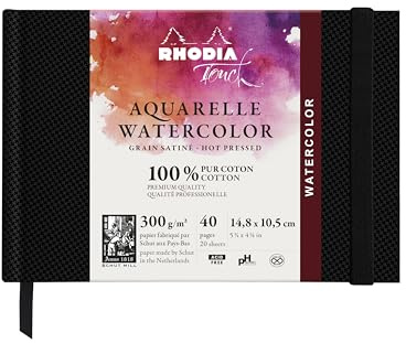 Rhodia 116154C - Rhodia Touch Zeichenbuch Watercolor Book, mit satinierter Körnung aus 100% Baumwolle 300g, 20 Blatt, A6 Querformat, ideal für Aquarell und Mischtechniken, Schwarz, 1 Stück