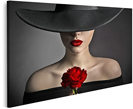 islandburner Bild auf Leinwand Rote Rose Blume Frau Lippen Hut Schwarz Mode Muster Bilder Drucke für Wohnzimmer Büro