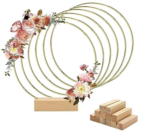 Worown 6 Stück 25cm Metallringe zum Basteln, Metallring mit Fuß, Gold Metallringe mit 6 Stück Holzständern für DIY Hochzeits-Tisch-Dekorationen, Wandhängende Handwerke