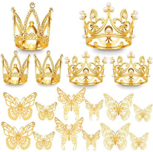 42 Stück Mini-Kronen-Kuchenaufsatz, Mini-Tiara mit 3D-Goldschmetterling-Dekoration, Vintage-Perlen, Strass-Krone, Kuchendekoration, Cupcake-Topper, Kuchendekoration für Geburtstag, Hochzeit,