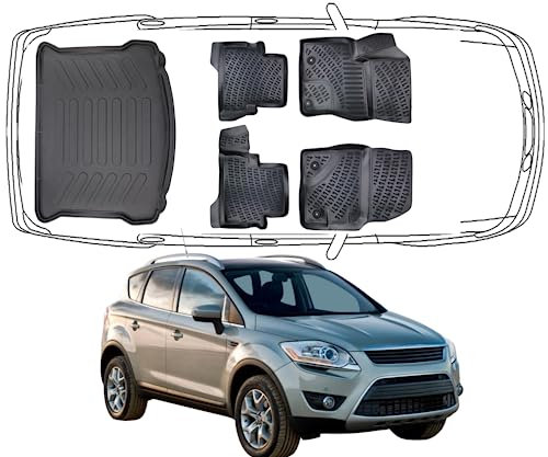 Rizline Passgenau 3D Fussmatten & Kofferraumwanne Auto Set Kompatibel mit Ford Kuga 2 2012-2019 Auto Zubehör Gummimatten & Kofferraummatte Autos TPE Allwetter Geruchlos rutschfest Schwarz