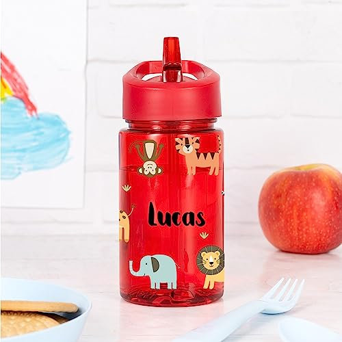 Wanapix | Botella Infantil Personalizada| Botella de Agua para Niños | Con Pajita y Asa Transporte | Colegio/Guardería | Plástico Libre BPA | 440 ml | Rojo - Animales