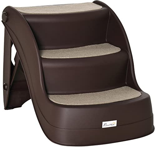 PawHut Escalera para Perros de 3 Peldaños Plegable Escalón de Plástica para Mascotas con Alfombras Antideslizantes para Cama Sofá Carga 15 kg 49x38x38 cm Marrón