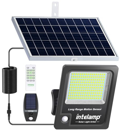 intelamp Solar Security Lights Outdoor Motion Sensor 3000LM Super Bright Solar Flood Lights with 12000mAh Battery & 5M Cable- Dual Separate Sensors Panels for Gardens, Driveways, Garages, Yards