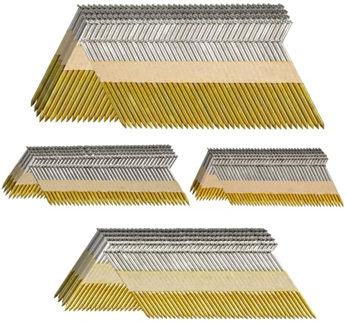 SITLDY 34-30 Degree Framing Nails 4 Sizes (2+2-1/2+3.0 Ring+3-1/2 Smooth), D Head Hot Dipped Galvanized Paper Tape Strip Nails, 320 PCS per Size, 1280 Count, for 30 to 34 Degree Framing Nailer