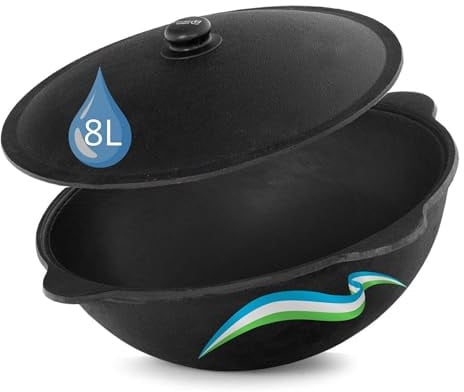 Authentischer usbekischer Kazan aus Gusseisen 8L mit Aluminium Deckel | Kasan unbeschichtet für echten Plov Schwenktopf Namangan Dutch Oven Cast Iron Grill Kessel Asia Wok Gusseisentopf