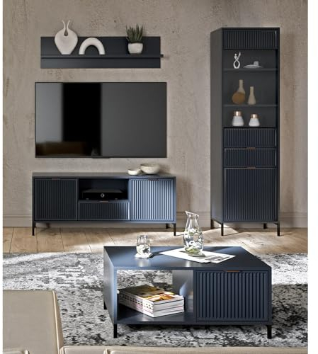 Lomadox Wohnwand Anbauwand Wohnzimmer Set Indigo blau modern 4-teilig Vitrine Wandregal Lowboard Couchtisch