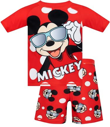 Disney Mickey Mouse Swimsuit 2 Piece | Boys Swim Set | Kids Rash Vest and Swim Shorts | Boys’ Rash Guards | Red 18-24 Months