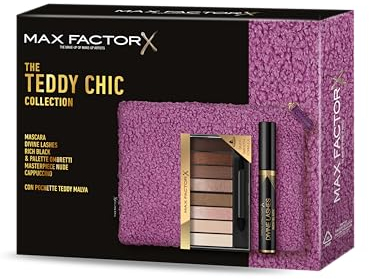 Max Factor, Cofanetto Regalo Donna Teddy Chic, Pochette in morbido tessuto teddy con Mascara Divine Lashes + Palette Ombretti Masterpiece Nude Cappuccino
