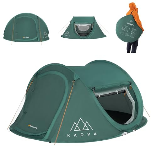 KADVA Campingzelt Tartuga 3 Selbstfaltendes Zelt für 3 Personen 220 x 180 x 105 cm Wasserdicht 1500 mm Mit Moskitonetz Aus 100% Polyester Ideal für Camping und Wandern (Grün)