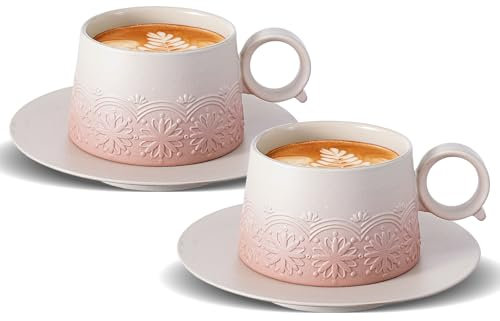 ZENS Cappuccino Tassen mit Unterteller 2er-Set, 220 ml Geprägtem Cappuccinotassen für Latte Art, Kaffeetassen Espresso Tassen Steingut, Tee Tasse mit Untertasse Geschenke für Frauen, blassrosa