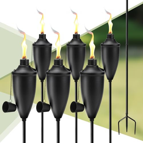 FALBAWR Gartenfackeln für den Außenbereich, 625 ml, Metall-Citronella-Fackel mit 3 Zinken, Erdspieß, perfekt für Terrasse, Rasen und Hinterhof, 6 Stück