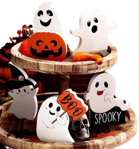 Simpatico vassoio a più livelli, decorazioni di Halloween fantasma, Decorazione della tavola di Halloween con zucca, 5 decorazioni per vassoio rustico, ornamento festival per centrotavola