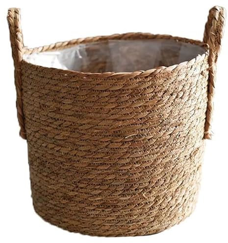 BEAHING Panier végétal tissé, paniers de jardinières intérieurs de 25 cm Récipient de Rangement tissé avec doublures en Plastique Paille de Paille pour la Maison, S