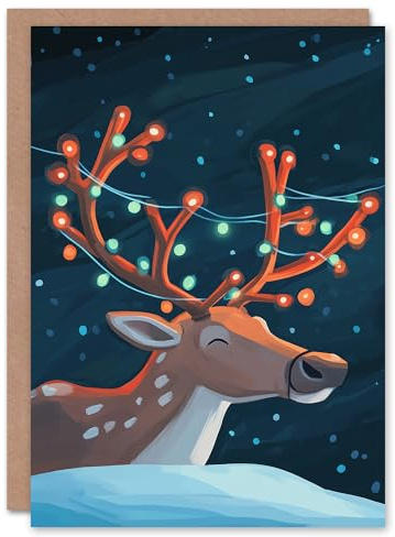 Wee Blue Coo Greeting Card Cute Reindeer With String Lights On Antlers Blank For Him Or Her Art Xmas Christmas Card