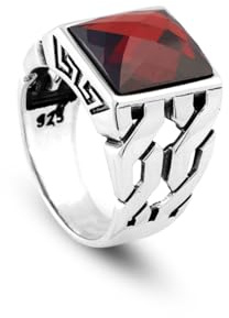 Jewellery Pit - Bague en Grenat pour Hommes - Chevalière en Argent 925, Pierre Précieuse, Finition Polie, Gravure Artisanale, Style Millésime - Fait Main avec Chiffon de Nettoyage Offert (57)