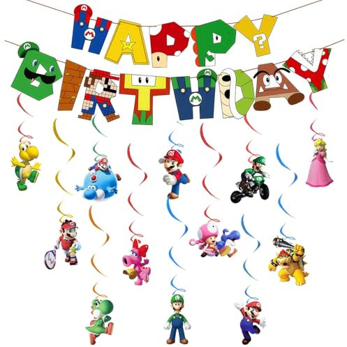 Super Bros Geburtstag Deko Jungen Mädchen- Bunting Girlande Hängende Deko Geburtstag Banner Swirl Decorations Geburtstagsdeko Happy Birthday Banner Dekoration für Kindergeburtstag Party Supplies Deko