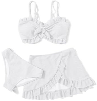 Arshiner Mädchen 3-teilige Krawatte Front Ruffle Trim Bikini Set Sommer Strand Bademode Top+Rocks +Slips Badebekleidung Kinder Badeanzüge mit Rock Bademode Schwimmanzug für Mädchen 13-14 Jahre