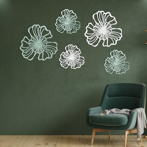 Fyeme 5 Stück Wanddeko Metall Boho Wanddeko mit Anschließen 2 Größen Doppelschichtiges Strukturdesign 3D Stereo Wanddeko Wohnzimmer für Wohnzimmer Schlafzimmer Esszimmer Büro (Weiß+Grün)