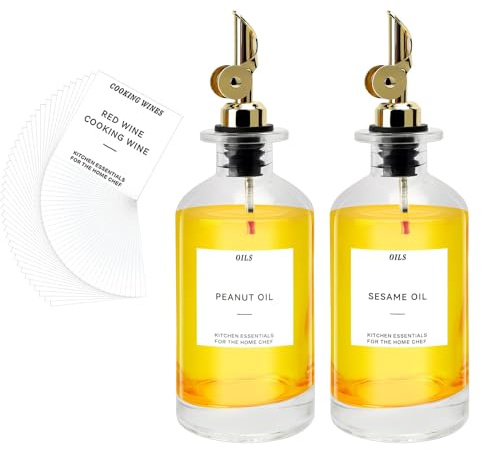 TOTSUN 2 PCS Vinegar and Oil Bottles Oil Dispenser Dosing Bottle Glass Olive Oil Dispenser Syrup Glass Oil Container with Stainless Steel Spout Funnel Labels for Kitchen Vinegar (350 ml)