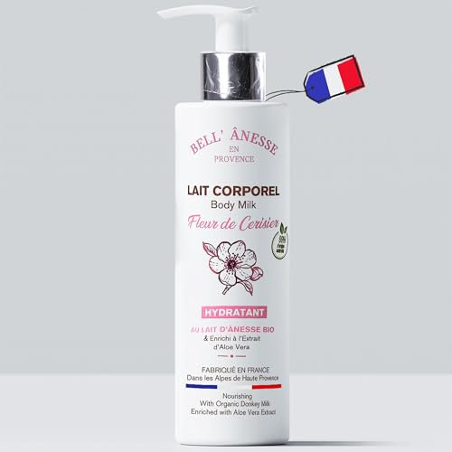 Lait corps hydratant Fleur de Cerisier au Lait frais d'Ânesse BIO. Fabrication Française. Tous types de peau. Flacon pompe 250 ml