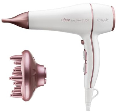 Ufesa Secador de Pelo Profesional Air Glow 2200W, Motor AC, Elimina el Encrespamiento, Incluye Difusor y Concentrador, 2 Velocidades, 3 Temperaturas, Golpe de Aire Frío, Blanco/Rosa