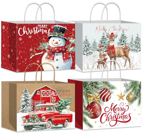DECHISY 12 Stück Geschenktüten Weihnachten Groß xxl, Weihnachtstüten mit Griffen, Weihnachts Geschenktüten mit 4 Designs, perfekt für Weihnachten Neujahr Dekorationen, 43x32x18cm