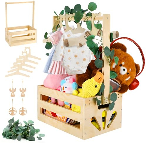 Babyparty Geschenkkiste, Korb für Baby Personalisierte Geschenke mit Holz | Baby Aufbewahrungskorb Griff, 5 Holzkleiderbügel Geschenk, Mit Dekorblättern Geschenkkorb Geburtstage Babypartys