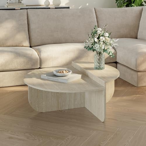 [en.casa] Couchtisch Tondesdaslo Wohnzimmertisch mit doppelter Tischplatte halbrund Beistelltisch 90 x 90 x 35 cm Sofatisch Travertin