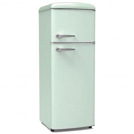 EMPOTEC Frigorifero Retrò Vintage 240 Litri Totali Acciaio Laminato Maniglie in Plastica Cromata Luce Congelatore 43 Litri 2 Ruote Posteriori Temperatura Regolabile 149H x 55P x 61L (Verde)