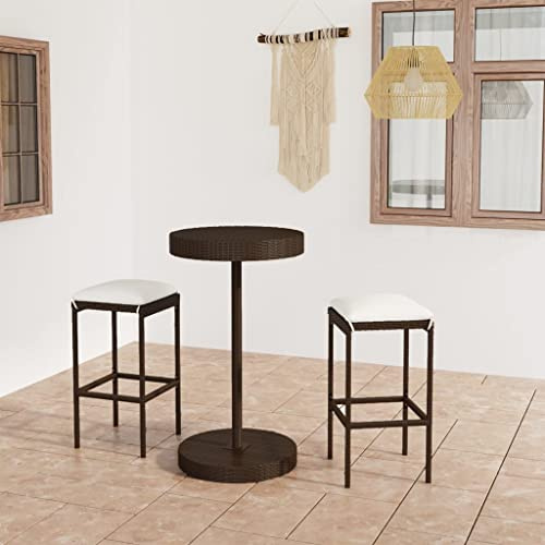 Mandloder 3-TLG. Gartenbar-Set mit Kissen, Poly Rattan Braun, runder Bartisch, 2 Barhocker, wetterfestes Outdoor-Möbelset für Balkon, Terrasse, Garten