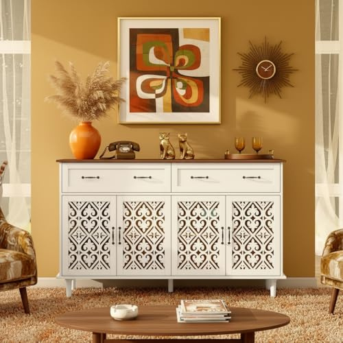 LFGUIZO Mid-Century Sideboard Kommode mit 4 Durchbrochene Türen, 2 Schubladen, Verstellbaren Regalen, Füßen aus Massivem Kiefernholz, Weiß, 150x40x90,5 cm für Wohnzimmer, Esszimmer, Küche