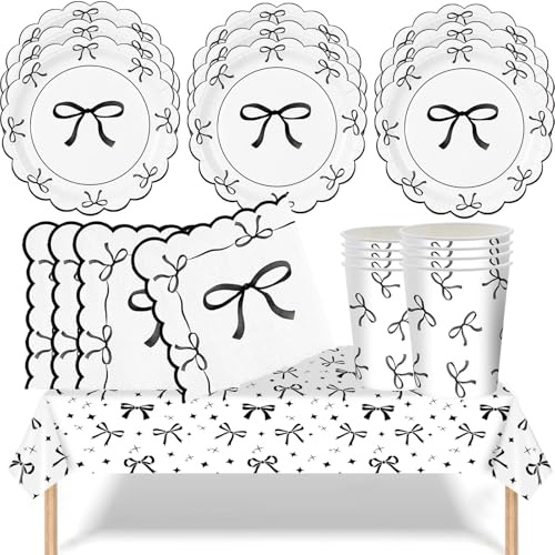 YESAH 53P Black Bow Tableware Set,Paper Dinnerware Pack for Hen Do Party | Includes Plates,Cups,Napkins and Reusable Tablecloth for 16 Guests,Birthday,Garden Party and Celebration Decor