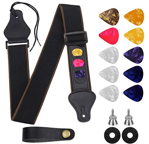 Dreamtop Gitarrengurt Gitarre Schultergurt Verstellbarer Akustikgitarre Bass Baumwolle Gitarren-Gurt mit Lederenden,Gurtschlösser und bunte Plektren,16 Stück für E-Gitarre Konzertgitarre Schwarz