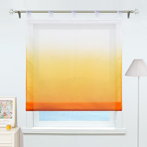ESLIR Raffrollo mit Schlaufen Gardinen Küche Raffgardinen Transparent Schlaufenrollo Vorhänge Farbverlauf Voile Orange BxH 80x140cm 1 Stück
