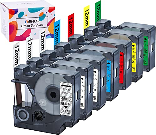Hehua 7PK Ersatz für Dymo D1 12mm Etikettenband 45013(2PK) 45010 45016 45017 45018 45019, Kompatibel mit Dymo LabelManager 160 Executive 640 CB 210D 260P 360D LabelWriter 400 450 Duo (D1 12mm x 7m)
