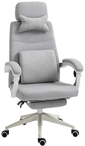 Vinsetto Office Chair, Ergonomic Desk Chair, High Back Fabric Work Chair with 160° Reclining Backrest, Retractable Footrest, Neck and Lumbar Pillow for Home and Study, Grey