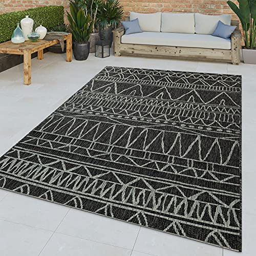 TT Home Flachgewebter In-& Outdoor Teppich Abstraktes Muster Orientalisch Schwarz Modern, Größe:160x220 cm