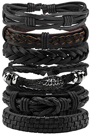 Eigso PU Leather Hemp Rope Braided Handmade Cuff Wrap Bracelet Handbands Stackable Adjustable Black