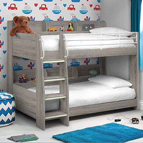 happybeds Domino Grey Oak Wooden and Metal Kids Bunk Bed with Storage Shelves (3FT with 2x Memory Foam Mattress Included)