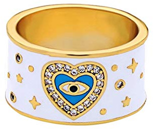 HMOOY Fashion Vergoldete weiße Emaille Evil Eye Ring Inspirierende Hamsa Kristall Liebe Herz Augen Schutzringe für Frauen Größe 7