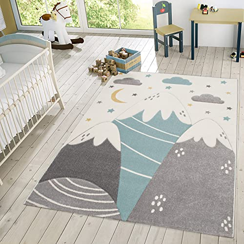 TT Home Kinderzimmerteppich Junge Mädchen Kinderteppich Wolken 3D Optik Sterne Berge, Farbe:Creme, Größe:120x170 cm