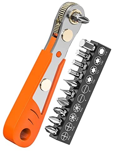 Ancable - Destornillador magnético Phillips de ángulo recto, mini llave de trinquete PH2 de 1/4 de pulgada de accionamiento de alto par de torsión reversible con juego de puntas de destornillador