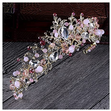Krone Rosa Gold Perle Brautkronen Handgemachte Tiara Braut Stirnbänder Kristall Hochzeit Diadem Königin Krone Hochzeit Haar Zubehör (Metal Color : Pink Crown)
