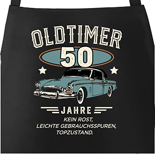 MoonWorks® Grill-Schürze Kochschürze Oldtimer Geburtstag Retro Design Print Vintage Auto Geburtstagsgeschenk für Männer 50 Jahre schwarz Herren