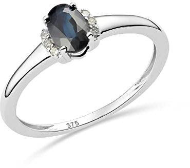 MIORE Schmuck Damen 0.03 Ct Diamant Verlobungsring mit Edelstein Geburtsstein natürlicher ovaler blauer Saphir und 6 Diamanten Brillanten Ring aus Weißgold 9 Karat (375) Gold