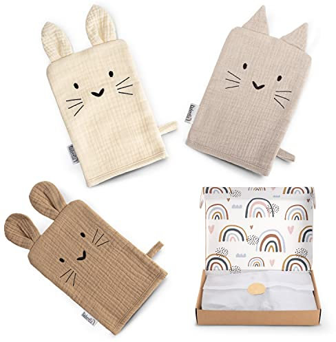 Räuberella® Baby-Waschlappen im 3er-Set I 20x14cm I Babywaschlappen aus 100% Bio-Baumwolle I Bezaubernde Musselin-Waschlappen-Baby I Hochwertiges Waschhandschuh-Kinder-Set inkl. Geschenk-Verpackung