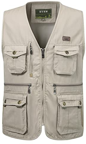 KTWOLEN Herren Anglerweste Funktionsweste Fotografie Jagdweste Outdoor Hundesport Weste Ärmellos Fischerjacke Arbeitsweste mit Vielen Taschen, Beige, XXL