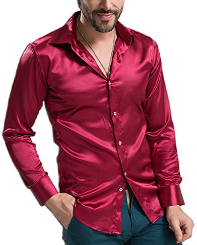 PECHEMO Herren Luxus glänzende Seide wie Satin Langarmhemden für Party Prom Paisleyhemd Reine Farbe Seidenhemden für Herren Hemden Langarm Knopf Lässige Kostüme Leistung Große Größe Hemden
