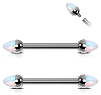 OUFER Body Piercing Internally Thread Nipple Piercing Bars Jewellery Titanium Nipple Rings Piercing 14G Nipple Bar 14MM Opal Bridge Piercing Barbell (ATNP003 2PCS)